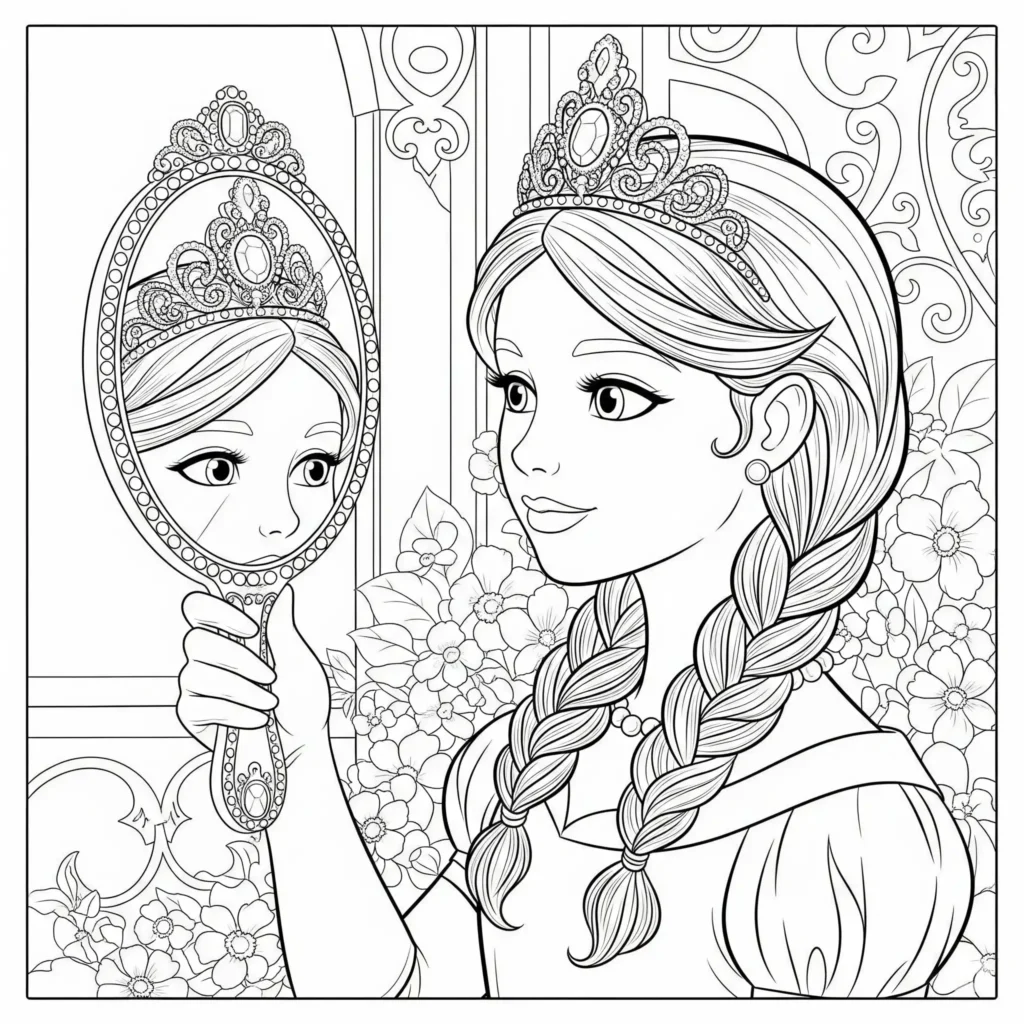 Prinzessinnen Malvorlage (Kostenlos PDF zum Ausdrucken) Eine Prinzessin mit eleganter Krone hält einen Handspiegel in der Hand und betrachtet sich – eine schöne Vorlage zum Ausmalen.