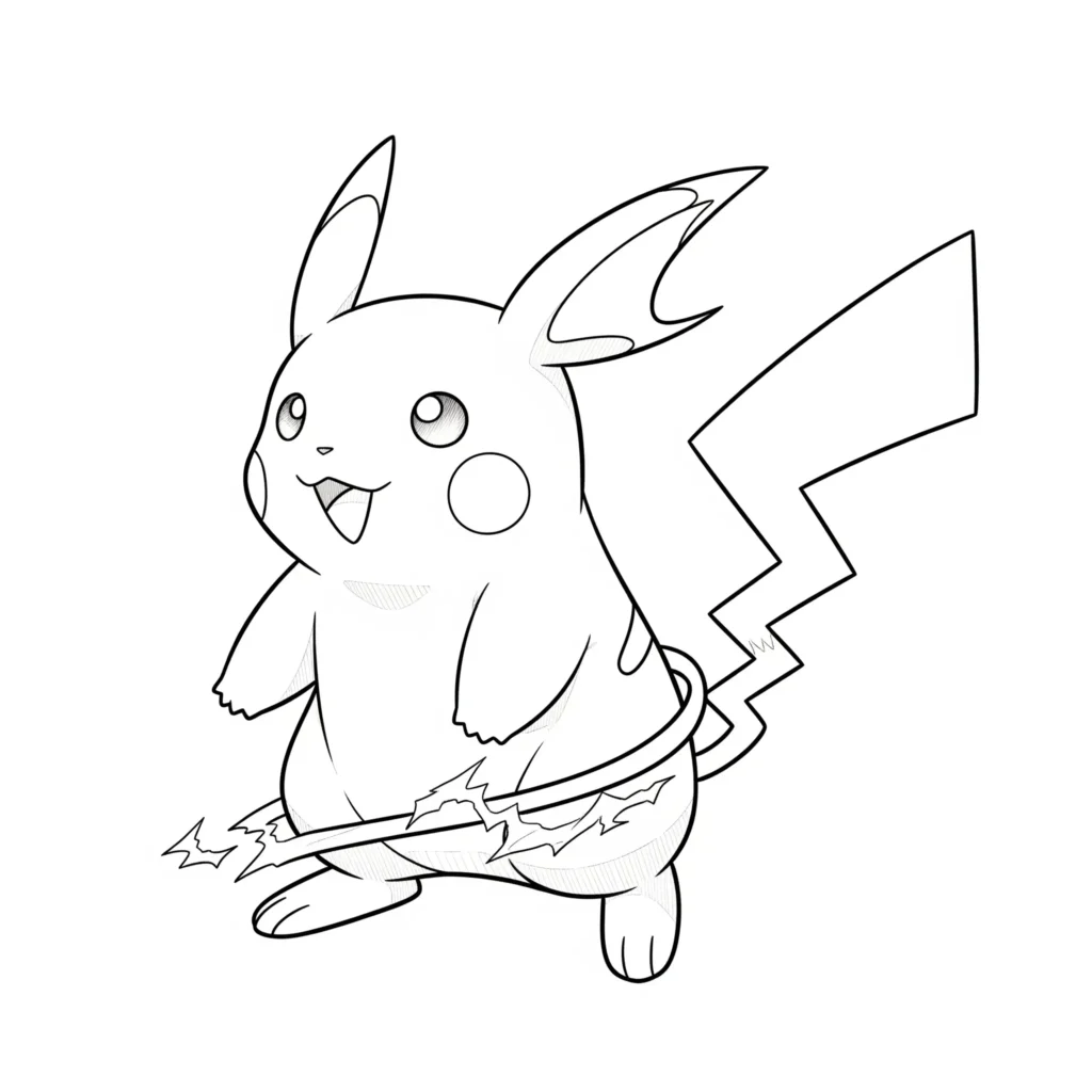 30 Pikachu Ausmalbilder (Gratis Pokémon Malvorlage zum drucken) Malvorlage von Raichu, der zweiten Entwicklung von Pikachu, mit markanten Blitzen und starkem Schweif – ideal für Pokémon-Fans zum Ausmalen.