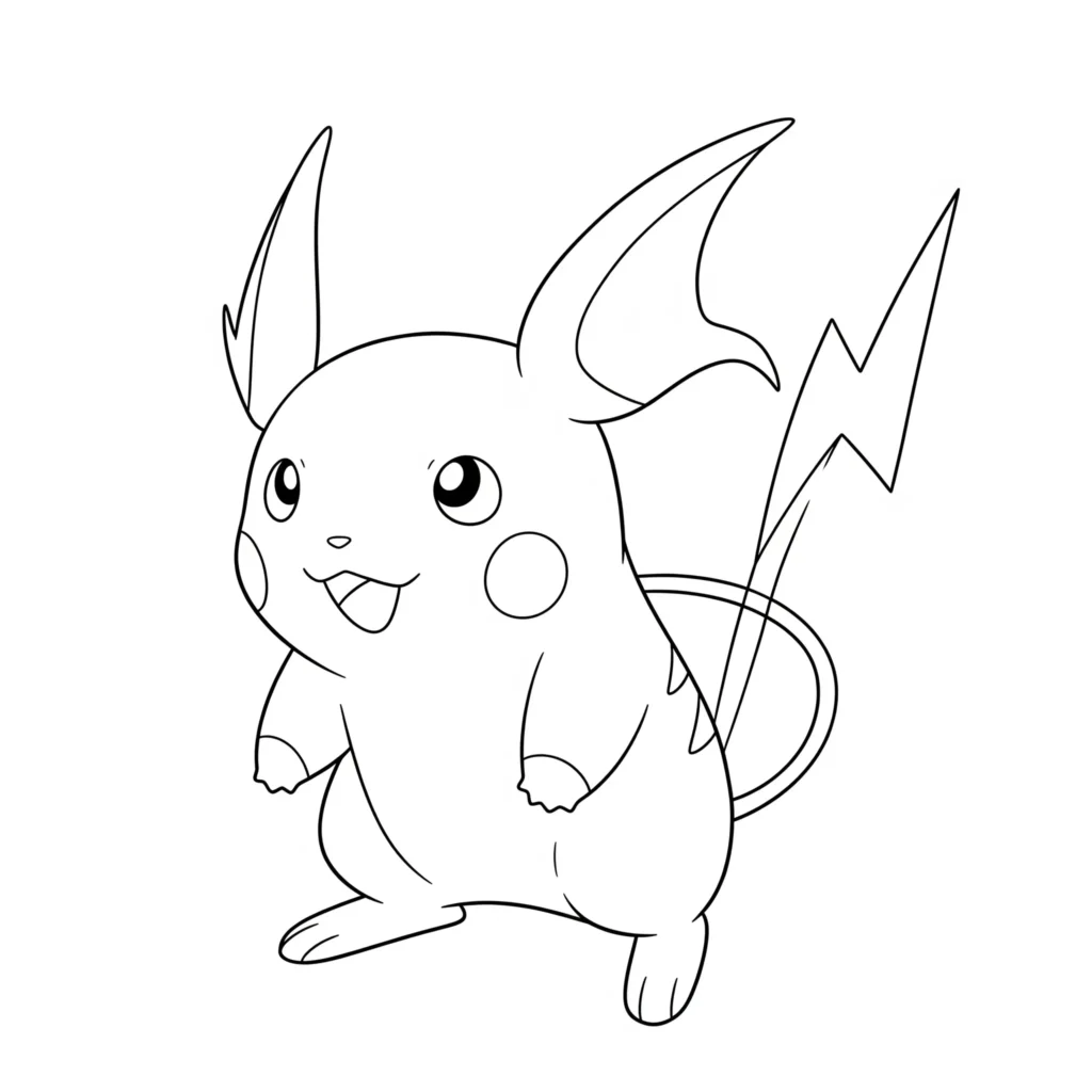 30 Pikachu Ausmalbilder (Gratis Pokémon Malvorlage zum drucken) Ausmalbild von Raichu mit großen Ohren und elektrischem Schweif – das starke Pokémon zum Ausmalen für Kinder und Fans von Pikachu-Entwicklung.