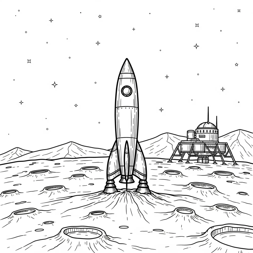 10+ Rakete Ausmalbild (Kostenlos Malvorlage zum Ausdrucken) Rakete auf dem Mond, ideal für ein kreatives Ausmalbild für Kinder.