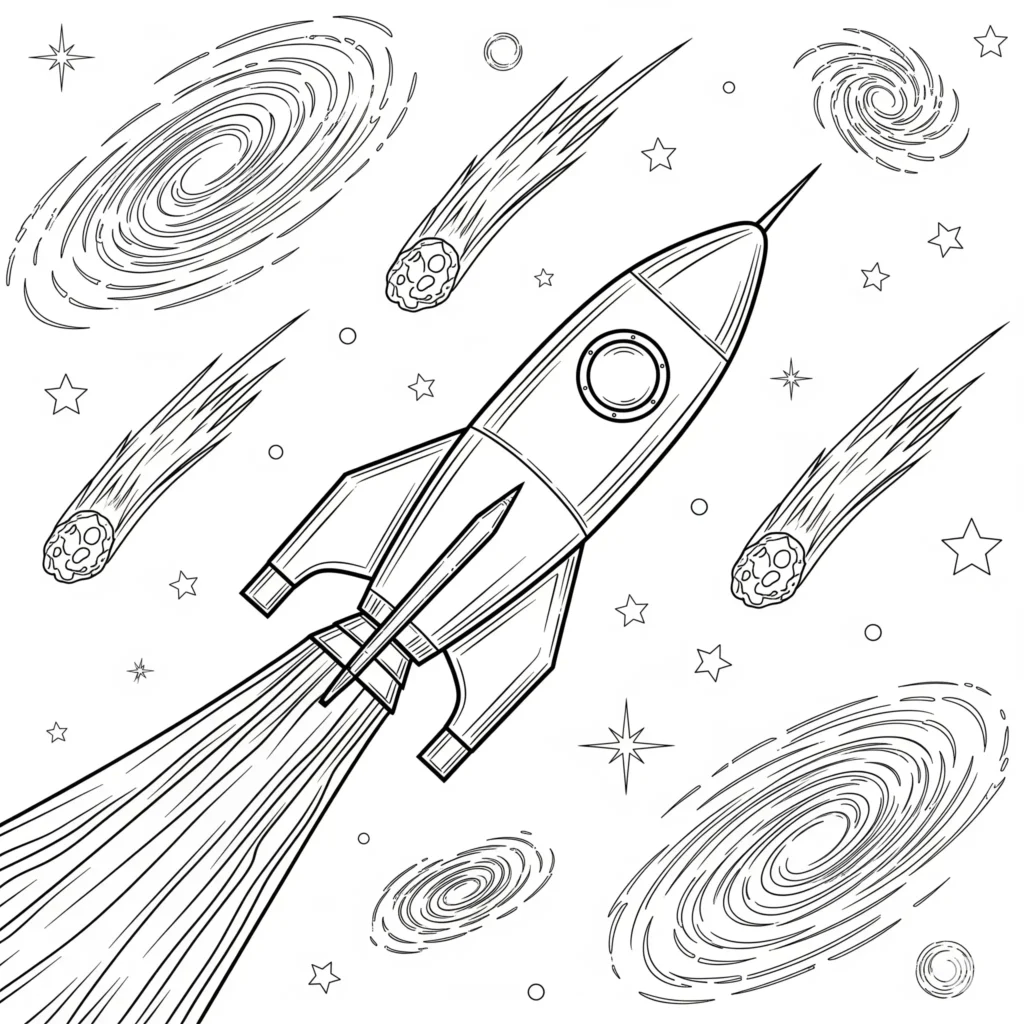 10+ Rakete Ausmalbild (Kostenlos Malvorlage zum Ausdrucken) Rakete, die eine Galaxie erforscht, ideal für kreative Kinder, die den Weltraum lieben.