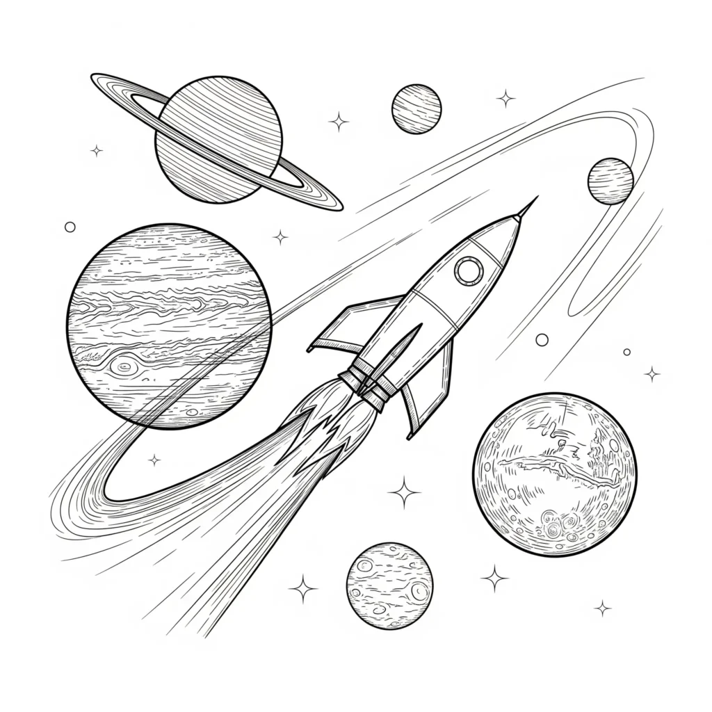 10+ Rakete Ausmalbild (Kostenlos Malvorlage zum Ausdrucken) Rakete fliegt an Planeten vorbei, ideal für ein kreatives Ausmalbild.