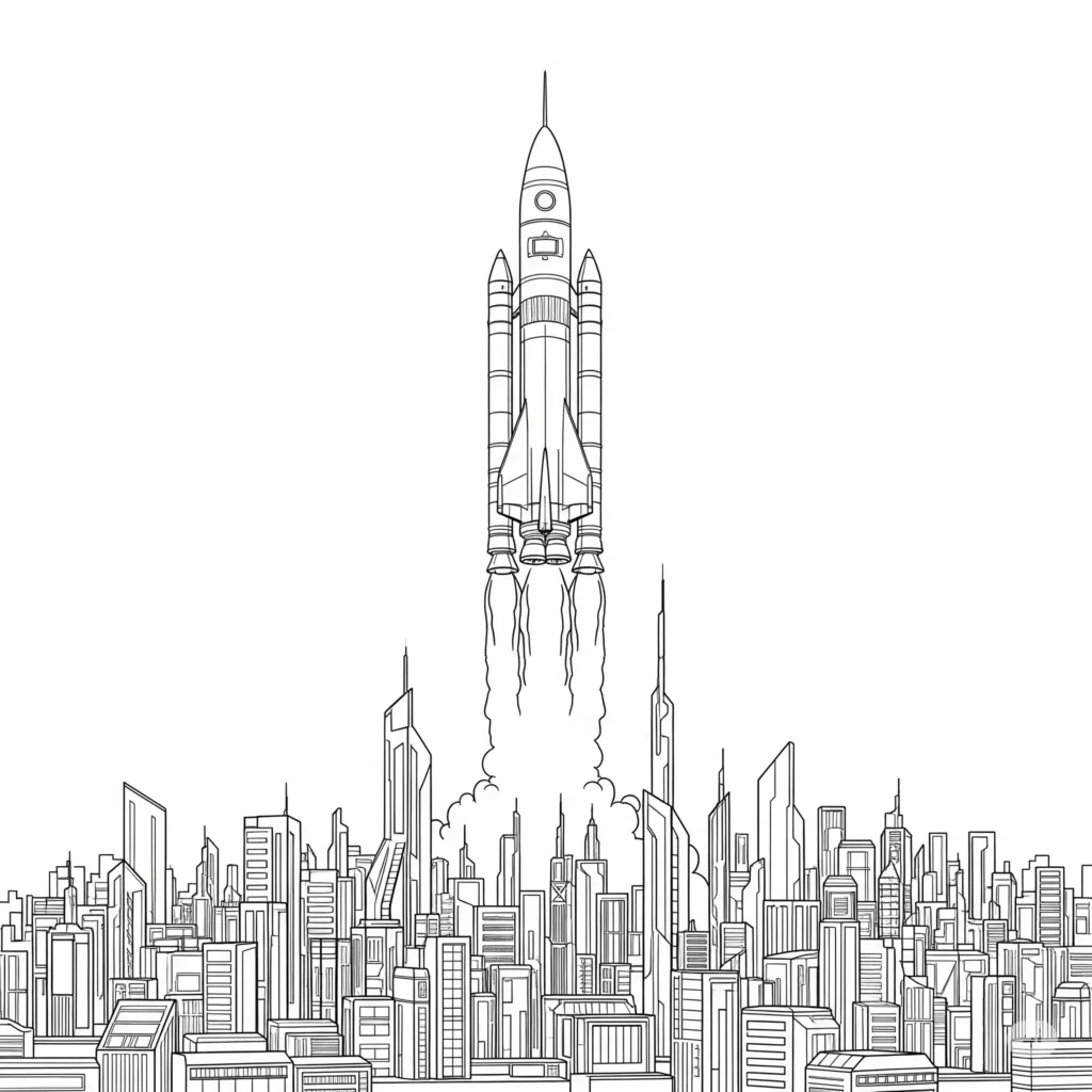 10+ Rakete Ausmalbild (Kostenlos Malvorlage zum Ausdrucken) Rakete im Sci-Fi Stadt Startplatz, ideal für kreative Kinder, die futuristische Szenen mögen.