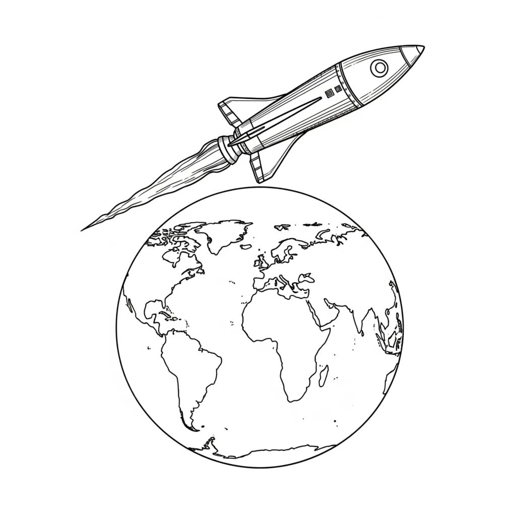 10+ Rakete Ausmalbild (Kostenlos Malvorlage zum Ausdrucken) Rakete mit der Erde im Hintergrund, ideal für ein kreatives Ausmalbild.