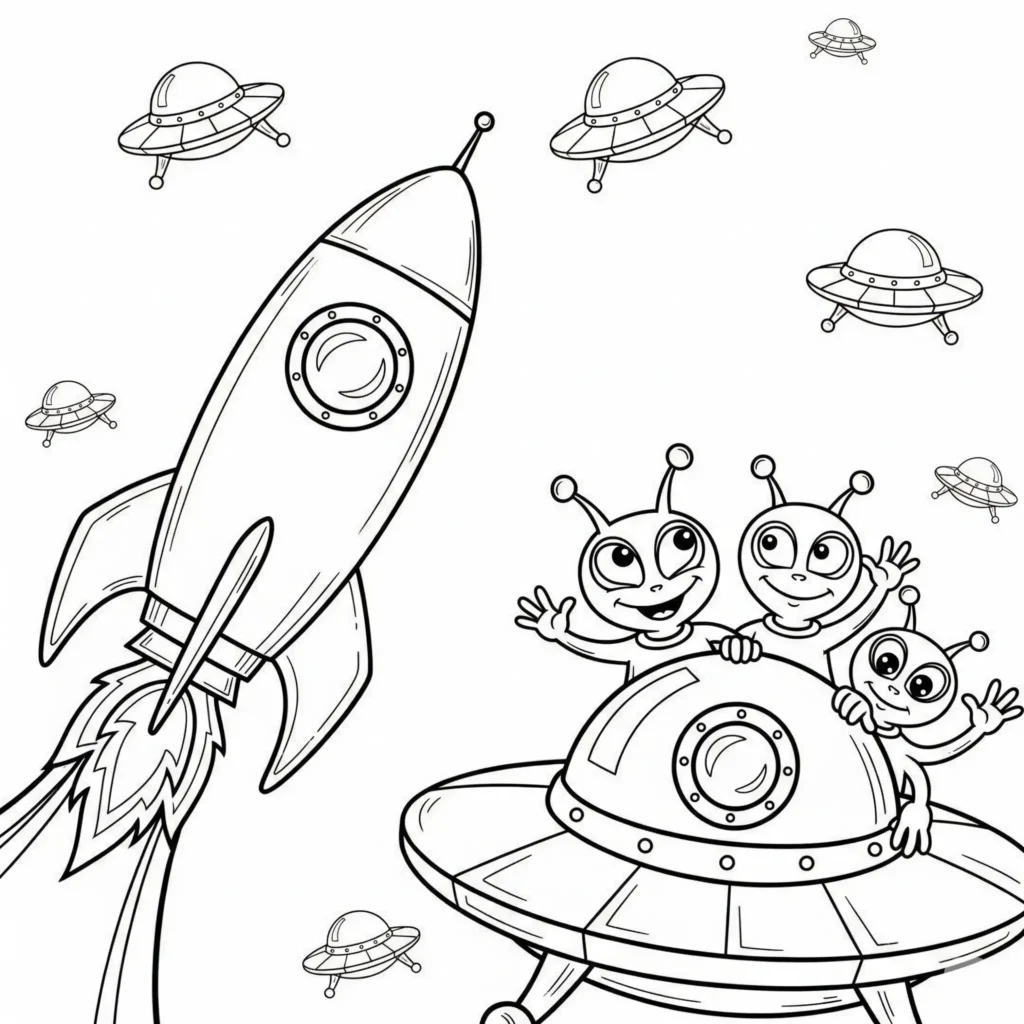 10+ Rakete Ausmalbild (Kostenlos Malvorlage zum Ausdrucken) Rakete und Alien in einem Ausmalbild, ideal für kreative Kinder.