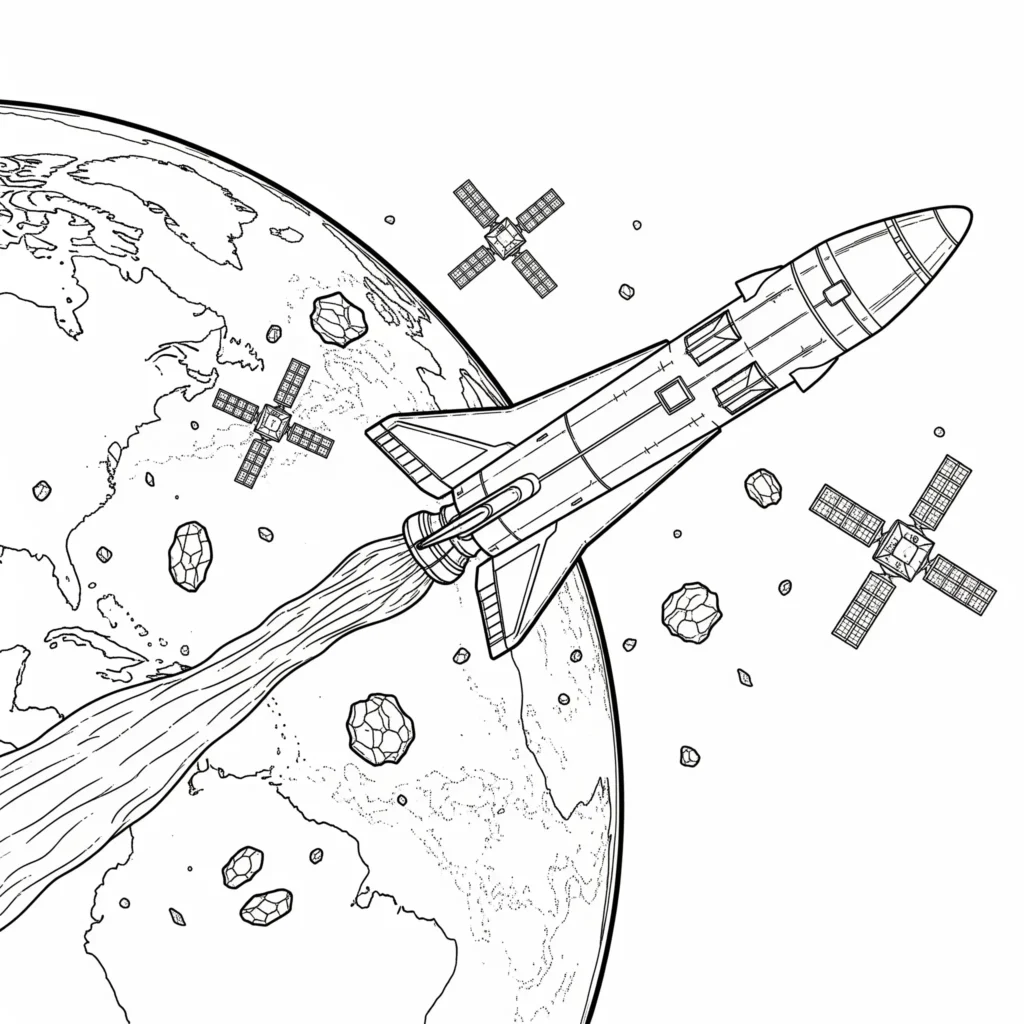 10+ Rakete Ausmalbild (Kostenlos Malvorlage zum Ausdrucken) Rakete und Satellit im Orbit, ideal für ein kreatives Ausmalbild für Kinder.