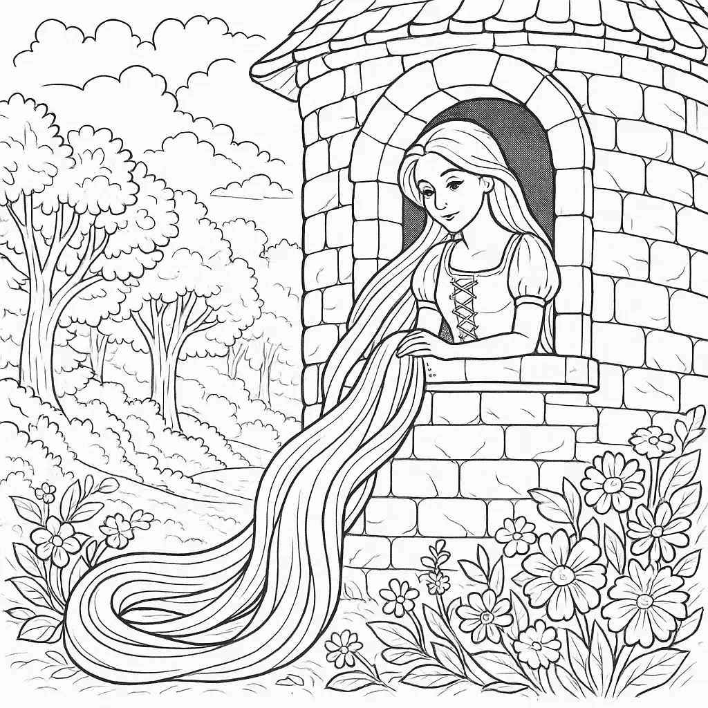 18 Ausmalbilder Rapunzel (Gratis Malvorlage zum Ausdrucken) Kostenloses Rapunzel Ausmalbild: Prinzessin lässt ihr langes Haar aus dem Turm – einfache Malvorlage zum Ausdrucken