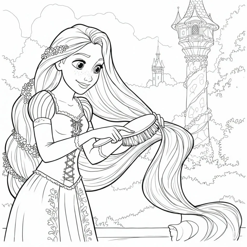 Kostenloses Ausmalbilder Rapunzel Prinzessin bürstet ihr langes Haar – einfache Malvorlage zum Ausdrucken