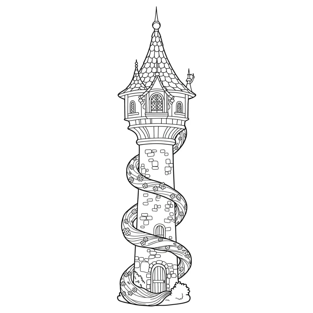 Rapunzels Turm Ausmalbild zum Ausdrucken – einfache Malvorlage für Kinder