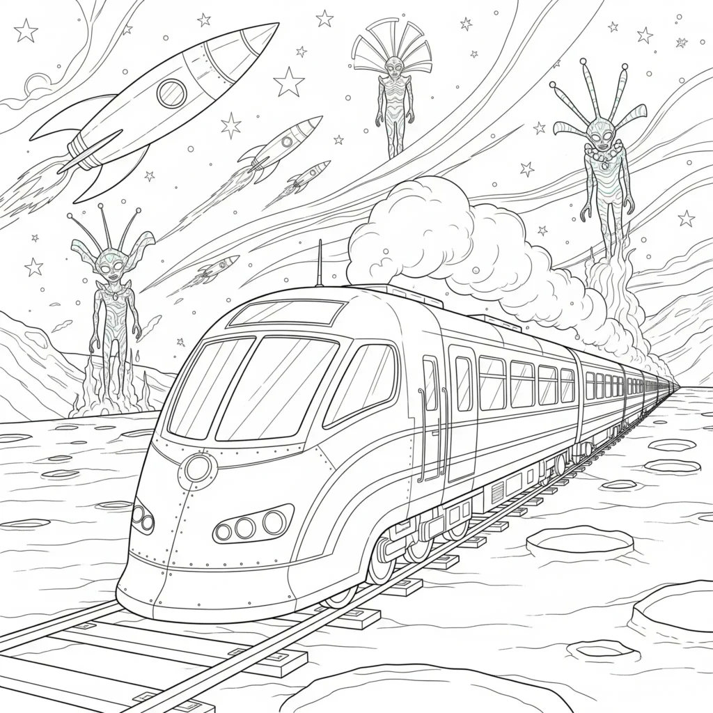 10 Zug Ausmalbilder (Kostenlos Malvorlage zum Ausdrucken) Ausmalbild eines Raumzugs auf einer Mondbahn zum Ausdrucken und Ausmalen für Kinder mit Weltraumthema