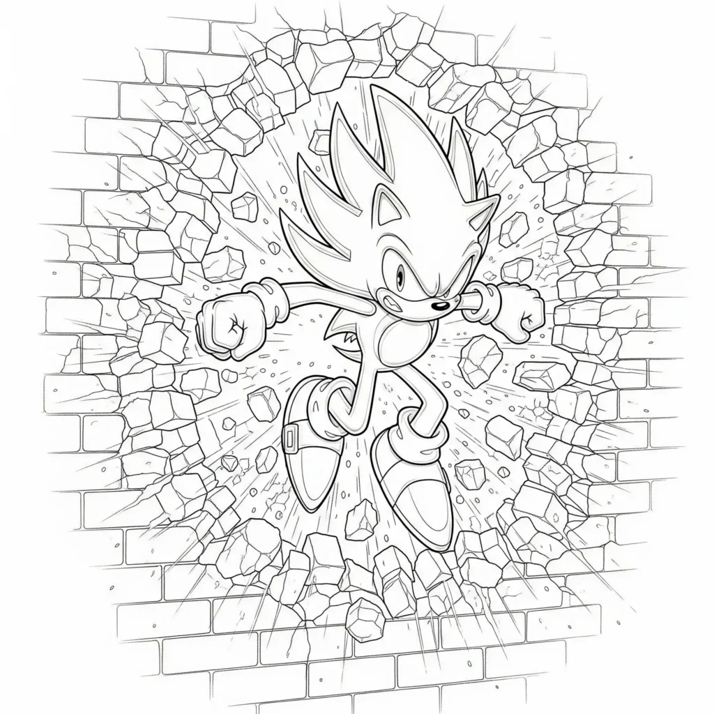 14 Super Sonic Ausmalbilder (Gratis Vorlagen zum Ausdrucken) Realistisches Super Sonic Ausmalbild zeigt Super Sonic beim Durchbrechen einer Wand als PDF Vorlage für Kinder