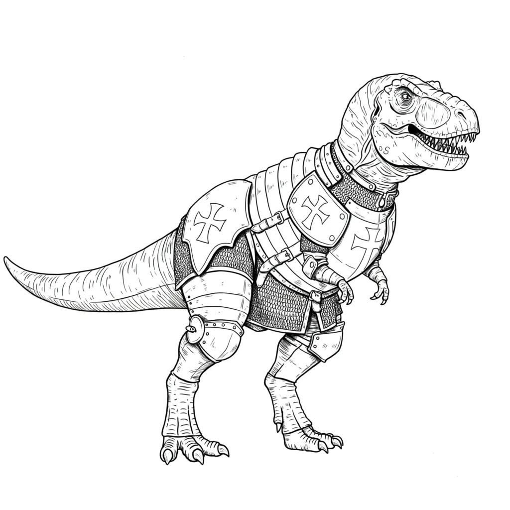 14 T-Rex Ausmalbilder (Gratis Dino Malvorlage zum Ausdrucken) Ausmalbild eines T-Rex in Ritterrüstung, bereit für ein Abenteuer – ideal für Kinder zum Ausmalen.