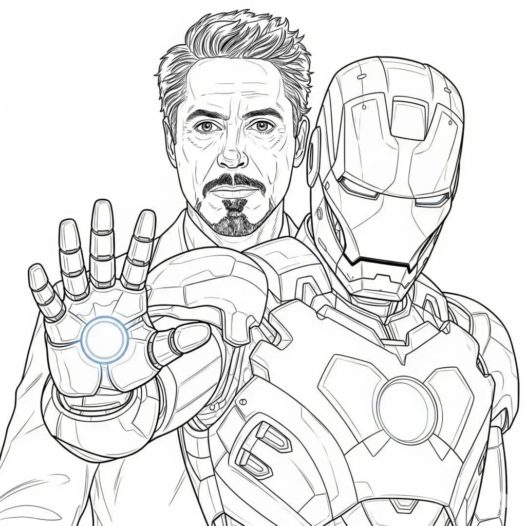 16 Iron Man Ausmalbilder (Superhelden Malvorlage zum drucken) Ausmalbild von Robert Downey Jr. zusammen mit Iron Man, ideal zum Ausdrucken und Ausmalen für Fans und Kinder
