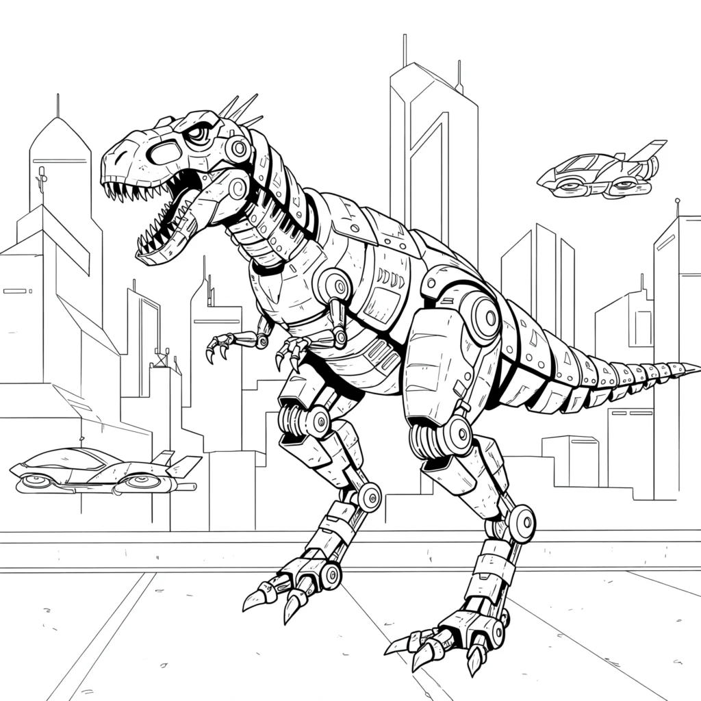 14 T-Rex Ausmalbilder (Gratis Dino Malvorlage zum Ausdrucken) Ausmalbild eines Roboter T-Rex in einer futuristischen Stadt mit hohen Gebäuden und Neonlichtern, ideal für Kinder zum Ausmalen.