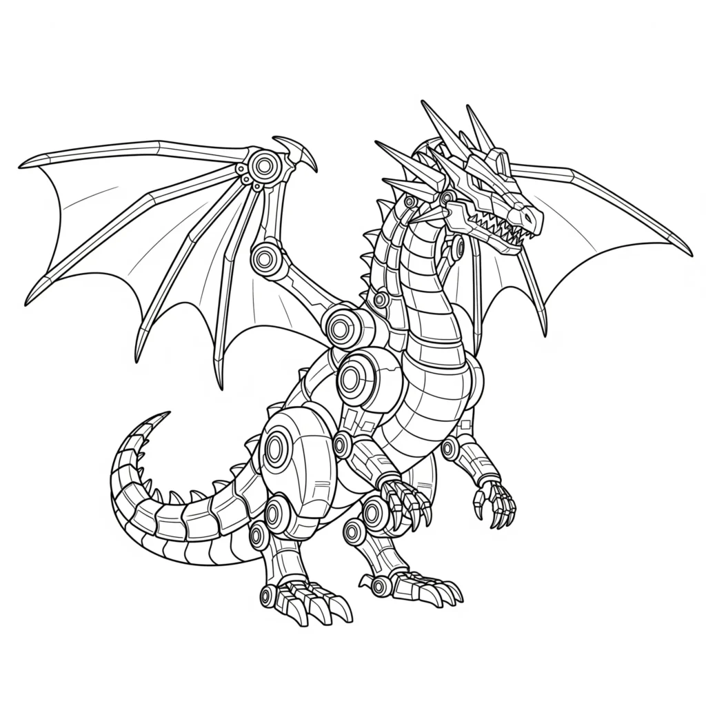 Mechanischer Drache mit glänzenden Metallflügeln zum Ausmalen und Ausdrucken