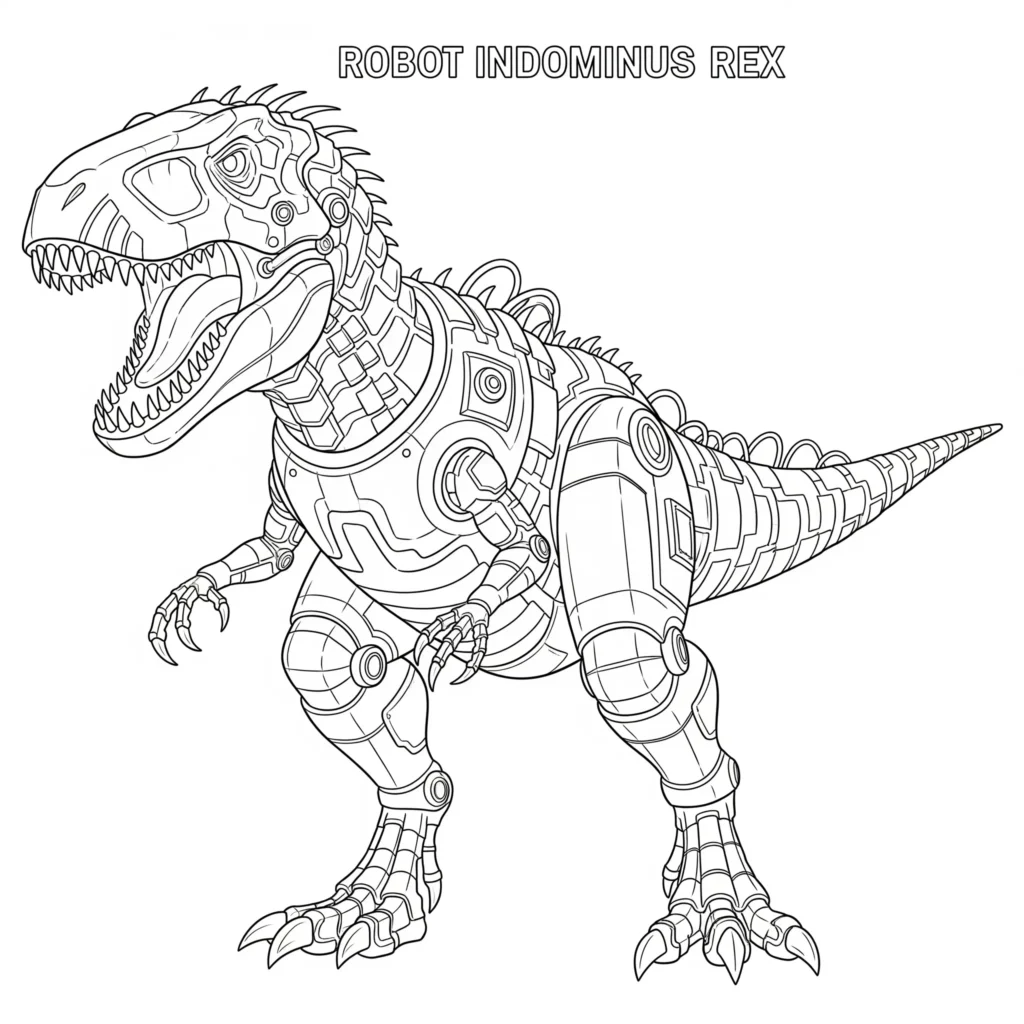 Indominus Rex Ausmalbilder (Gratis Dino Malvorlage drucken) Roboter Indominus Rex Ausmalbild für Kinder und Erwachsene zum Ausdrucken kostenlos detailreiches Dinosaurier Malbild