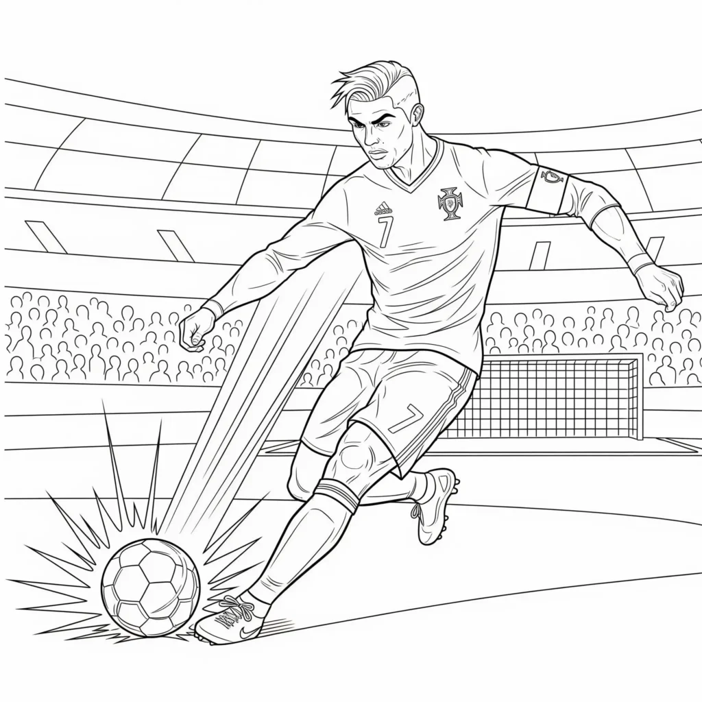 Ronaldo Ausmalbild zeigt Cristiano Ronaldo bei einem kraftvollen Schuss, zum Ausdrucken und Ausmalen