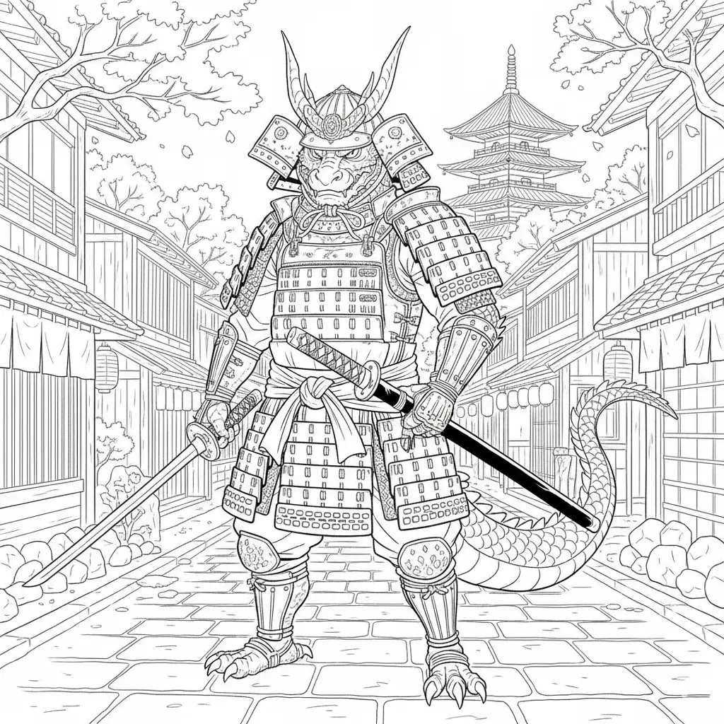 Samurai Drache Krieger Ausmalbild zum Ausdrucken für Kinder und Erwachsene