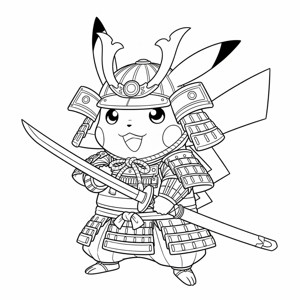 30 Pikachu Ausmalbilder (Gratis Pokémon Malvorlage zum drucken) Starkes Malvorlage-Motiv von Pikachu als Samurai mit traditioneller Rüstung und erhobenem Schwert, bereit für ein episches Abenteuer.
