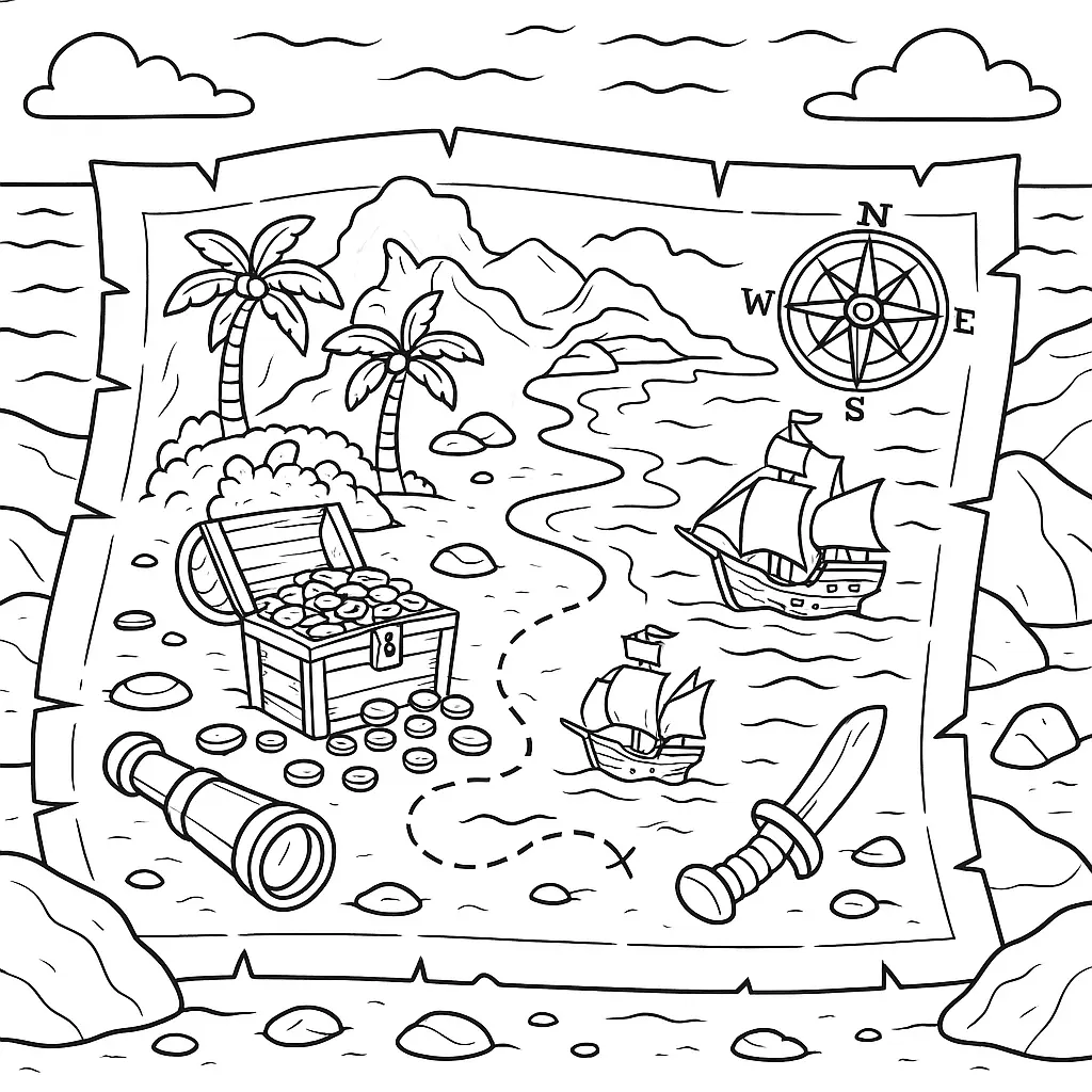 24 Piraten Ausmalbilder (Kostenlose Malvorlage zum drucken) Schatzkarte Ausmalbild – alte Karte mit Insel, Piratenschiffen und Schatztruhe
