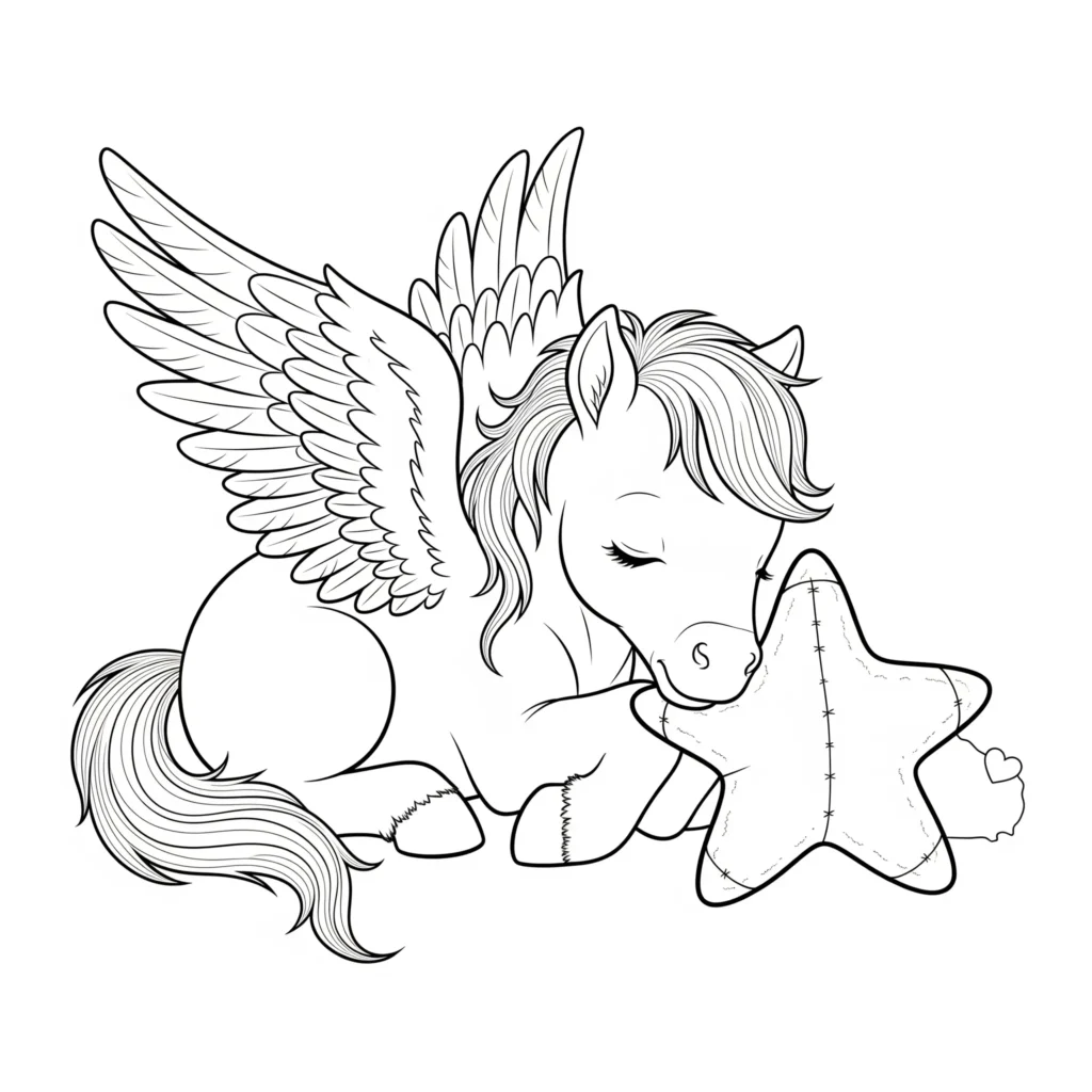 10+ Pegasus Ausmalbilder (Gratis Malvorlage zum Ausdrucken) Ein kleiner Pegasus liegt friedlich schlafend mit geschlossenen Augen. Diese Ausmalbild-PDF ist ideal für Kinder und ruhige Malmomente