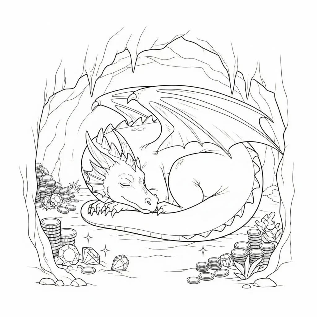 Drache ausmalbild kinder mit einem friedlich schlafenden Drache tief in einer dunklen Höhle – perfekt als drachen bilder zum ausdrucken für ruhige Szenen
