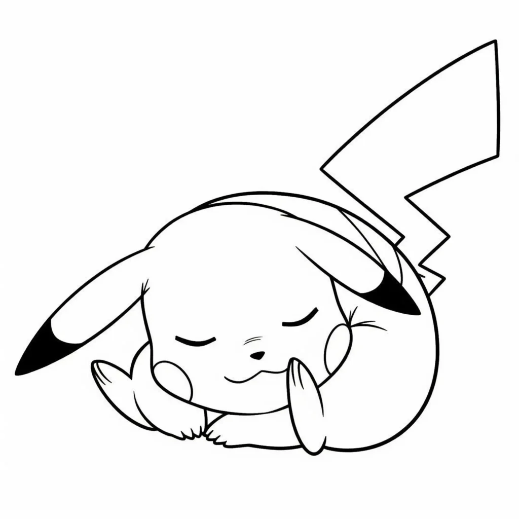 30 Pikachu Ausmalbilder (Gratis Pokémon Malvorlage zum drucken) Diese Ausmalvorlage zeigt Pikachu schlafend auf dem Boden liegend – ein ruhiges und entspanntes Motiv zum Ausdrucken und Ausmalen für Kinder.
