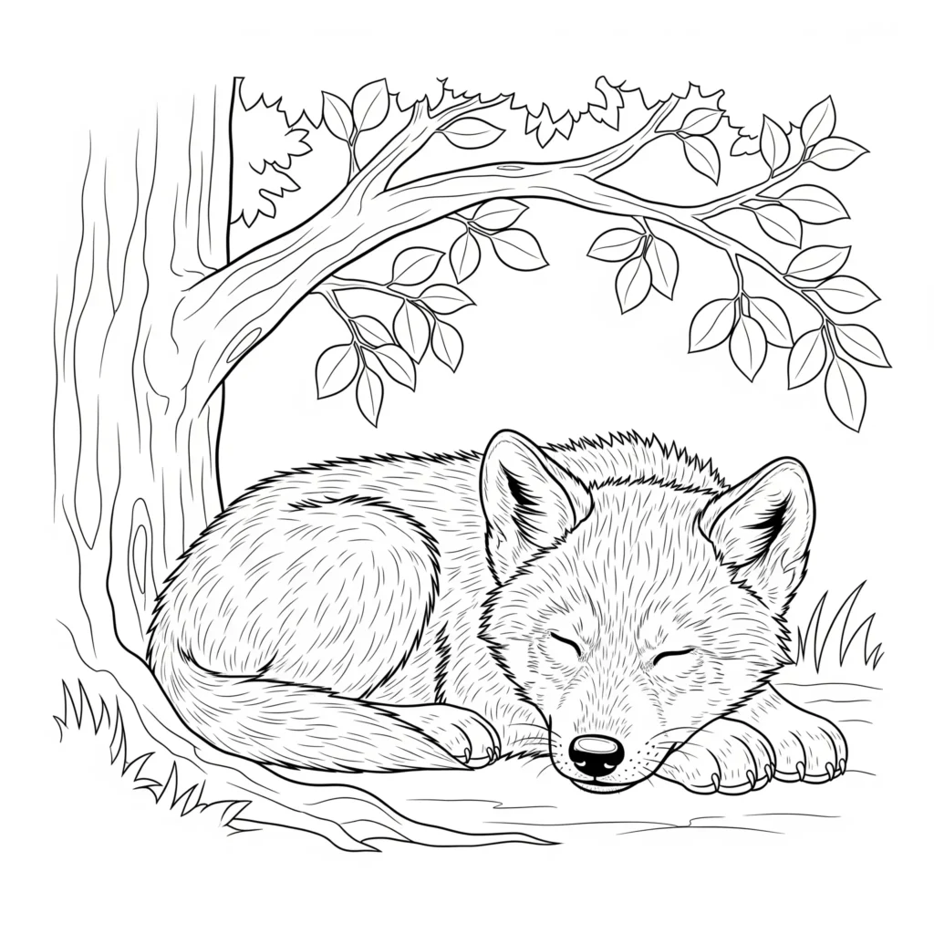 Wolf Ausmalbilder (Kostenlos Malvorlage zum Ausdrucken) Malvorlage eines schlafenden Wolf Welpen, perfekt zum Ausdrucken und Ausmalen für Kinder