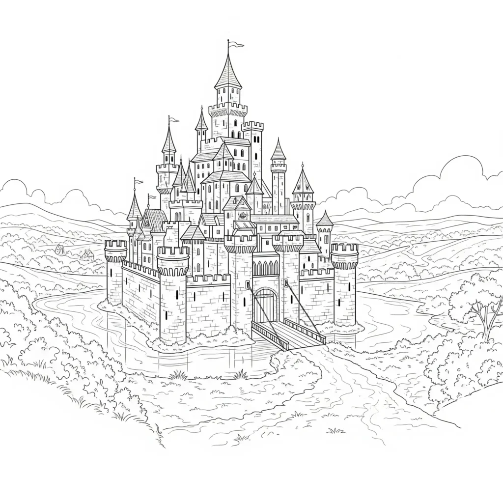 schloss ausmalbild mit türmen zum ausmalen als kostenlose pdf druckvorlage für kinder