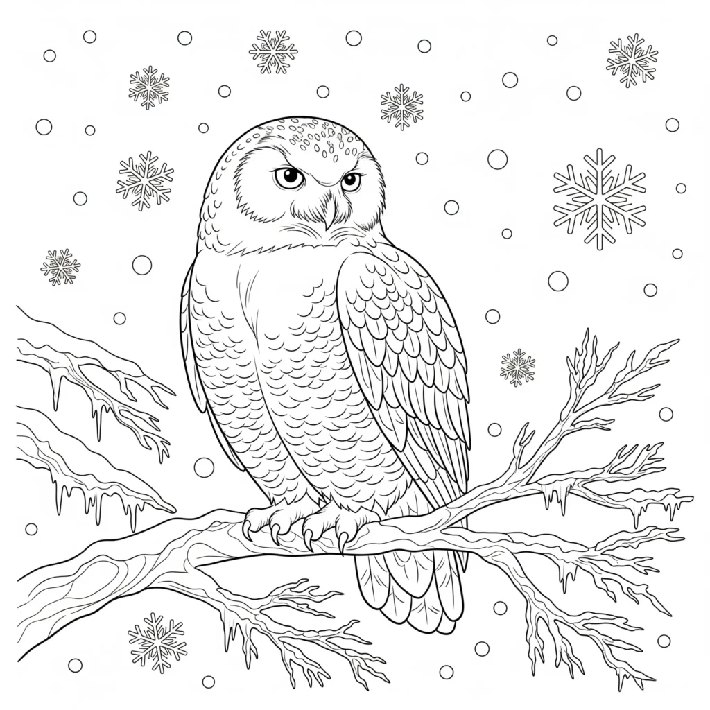 16 Eule Ausmalbilder (Kostenlos Eulen Malvorlage zum drucken) Schneeeule in einer Winterlandschaft als Ausmalbild für Kinder zum Ausdrucken im PDF-Format
