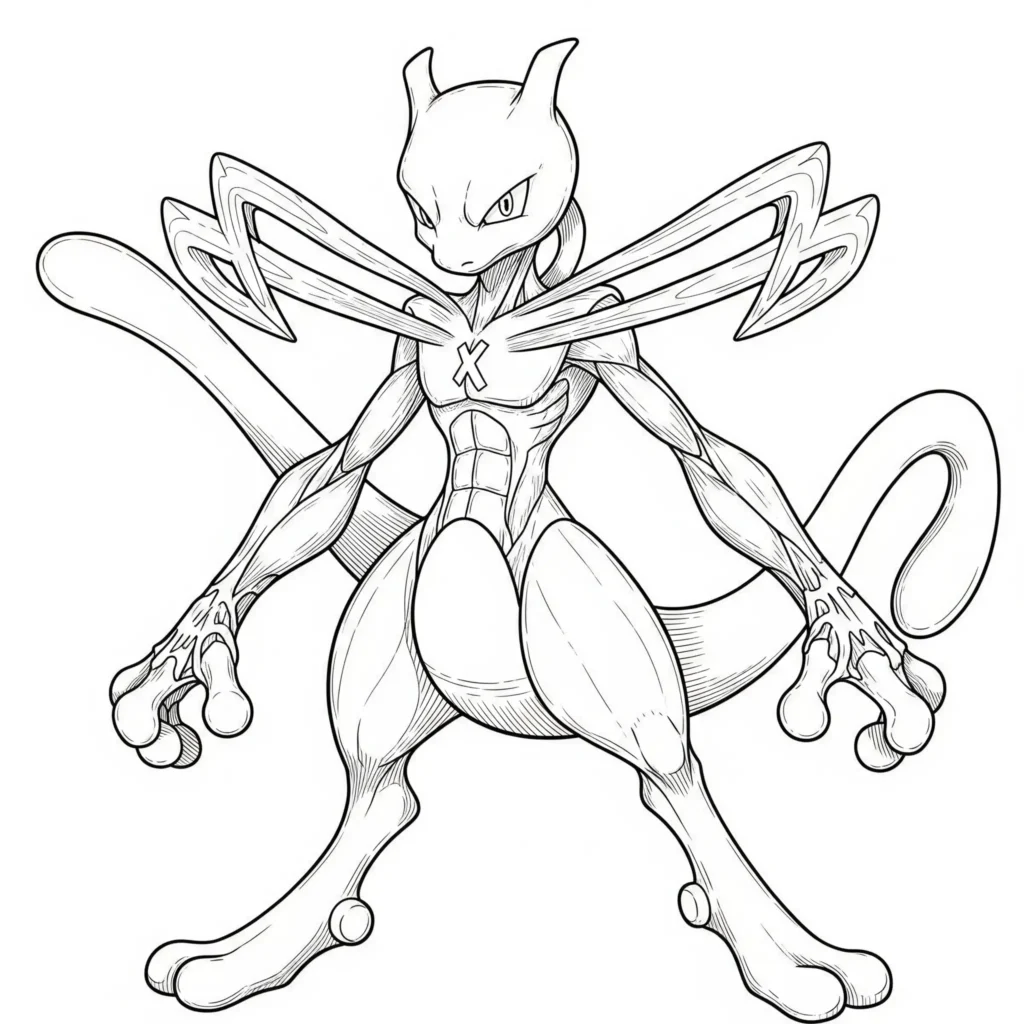 16 Mewtu Ausmalbilder (Gratis Pokémon Malvorlage zum drucken) Das Shiny Mega Mewtu Ausmalbild bietet viele feine Details zum Ausmalen. Eine tolle Vorlage für Kinder, die gerne präzise und kreativ arbeiten.