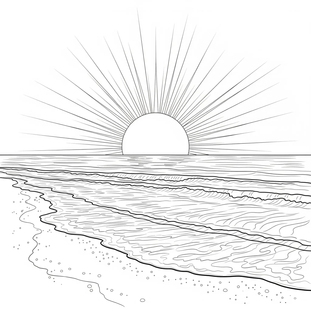 Ausmalbild mit einer großen Sonne, die über einem ruhigen Strand scheint – perfekt für Kinder zum Ausdrucken und farbenfrohen Ausmalen