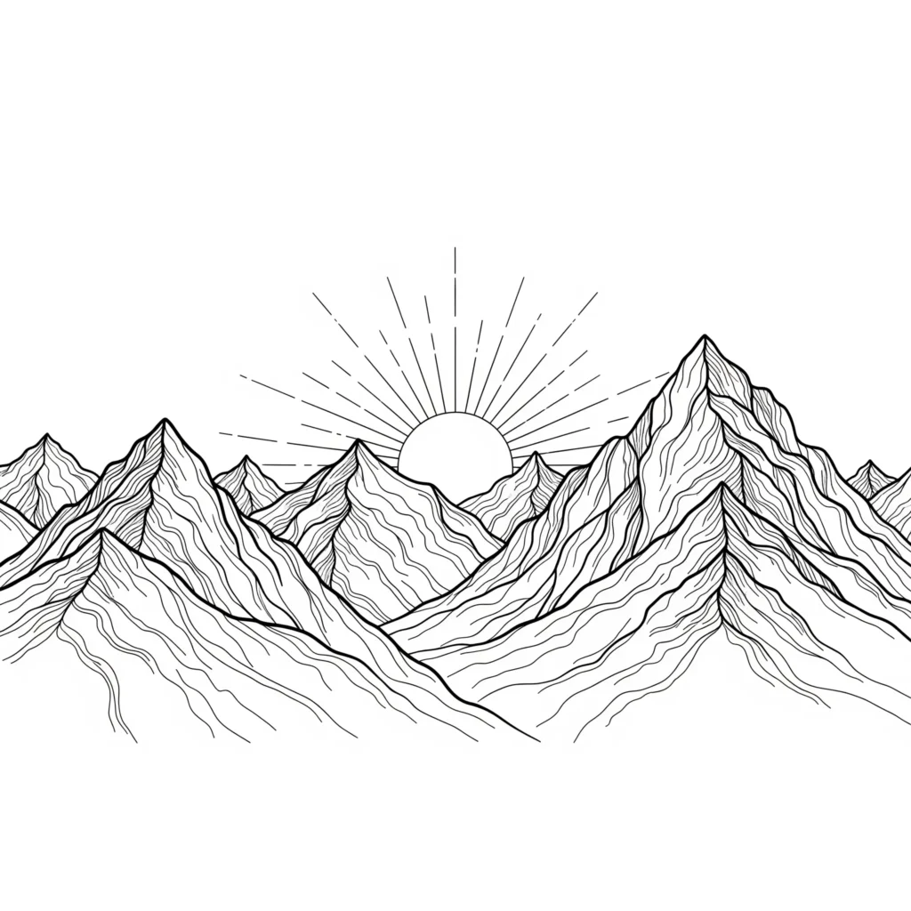 Ausmalbild mit einer aufgehenden Sonne hinter einem Bergmassiv, perfekt für Kinder zum Ausdrucken und kreativen Ausmalen