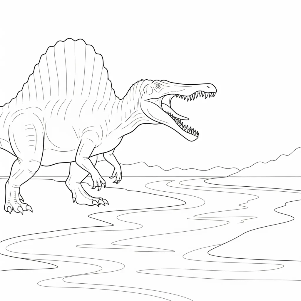 Spinosaurus Ausmalbild - Gratis Dino Malvorlage PDF drucken Spinosaurus malvorlage mit furchteinflößendem Dinosaurier, der laut am Fluss brüllt ideal als spinosaurus ausmalbild für kinder zum ausdrucken