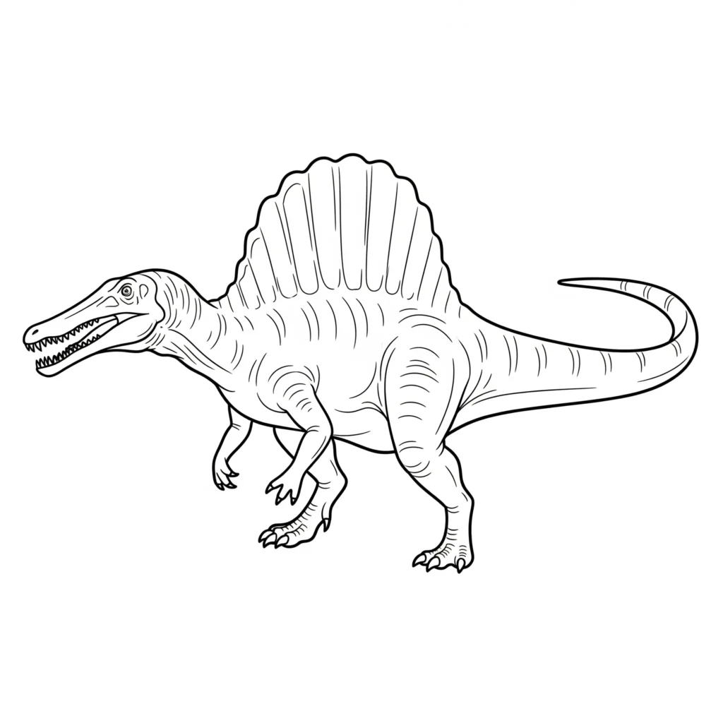Spinosaurus Ausmalbild - Gratis Dino Malvorlage PDF drucken Spinosaurus ausmalbild zeigt den Dinosaurier in Seitenansicht mit Details zum Ausmalen als spinosaurus malvorlage für Kinder kostenlos
