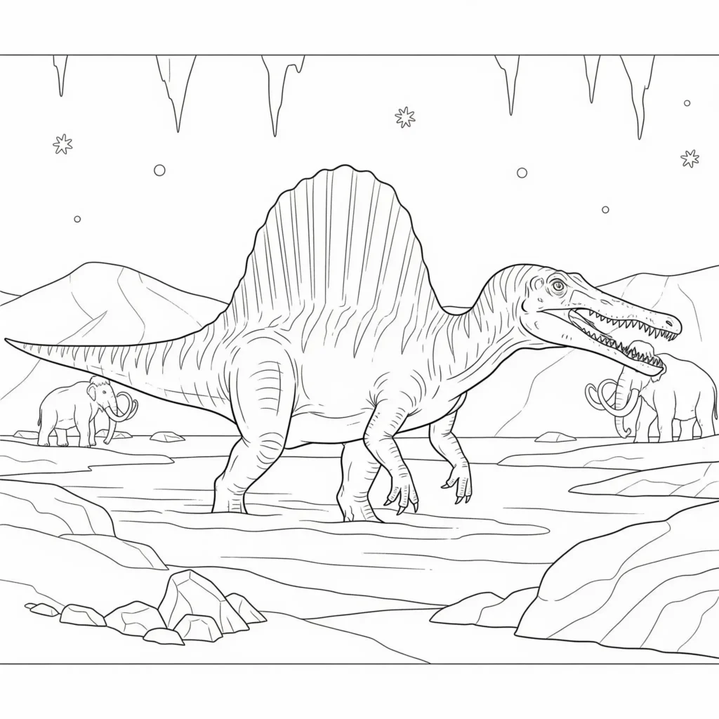 Spinosaurus Ausmalbild - Gratis Dino Malvorlage PDF drucken Spinosaurus ausmalbild zeigt den Dinosaurier in einer eiszeitlichen Landschaft mit Schnee und Bergen als spinosaurus malvorlage pdf für kinder