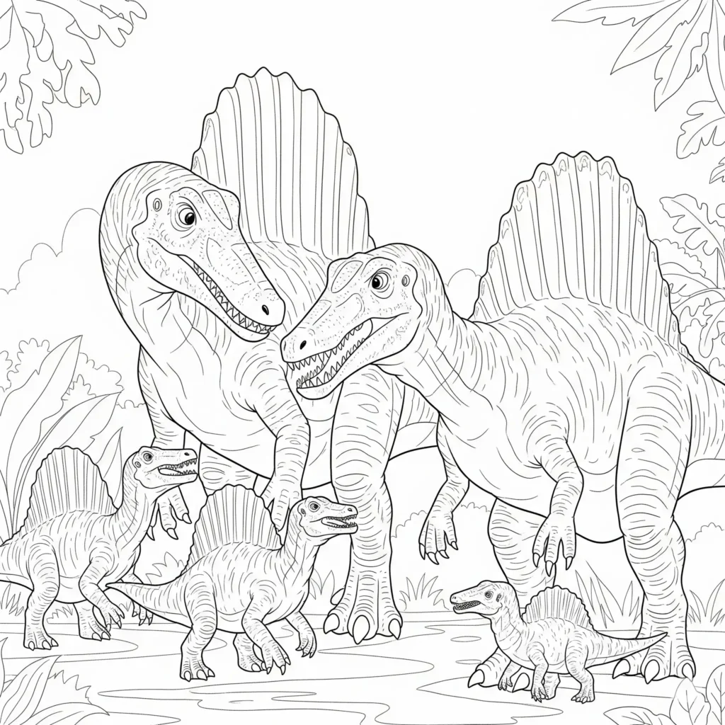 Spinosaurus Ausmalbild - Gratis Dino Malvorlage PDF drucken Spinosaurus ausmalbild zeigt eine Dinosaurierfamilie mit Eltern und Baby geeignet als spinosaurus malvorlage zum ausdrucken für kinder