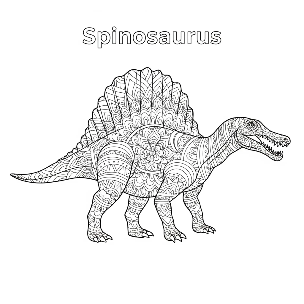 Spinosaurus Ausmalbild - Gratis Dino Malvorlage PDF drucken Spinosaurus malvorlage mit mandala muster zeigt den Dinosaurier in dekorativem Stil als entspannendes spinosaurus ausmalbild für kinder und erwachsene