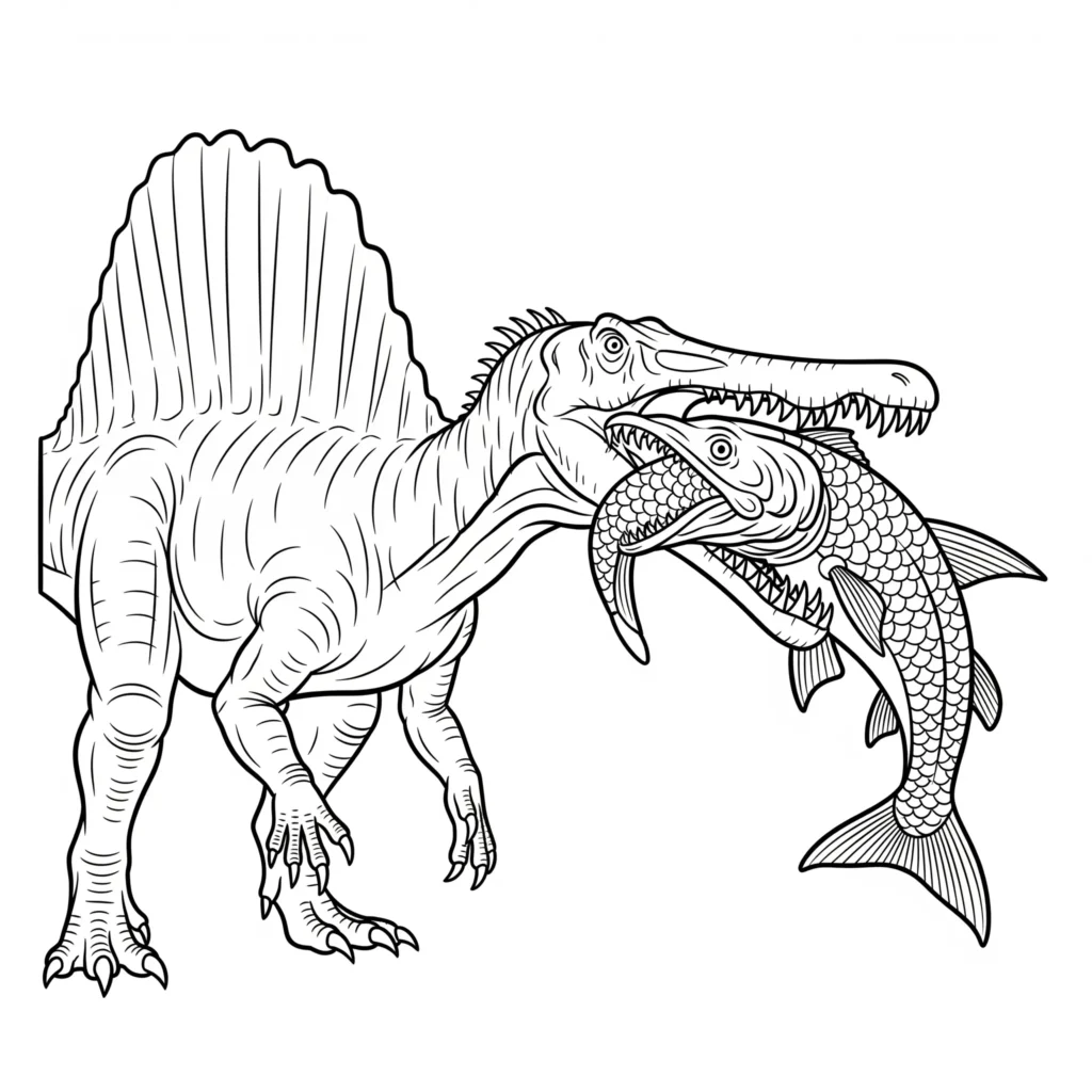 Spinosaurus Ausmalbild - Gratis Dino Malvorlage PDF drucken Spinosaurus ausmalbild zeigt den Dinosaurier beim Fangen eines Fisches mit geöffnetem Maul als spinosaurus malvorlage zum ausdrucken für kinder