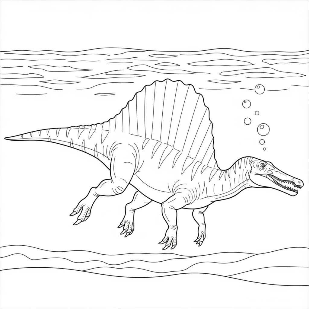 Spinosaurus Ausmalbild - Gratis Dino Malvorlage PDF drucken Spinosaurus ausmalbild zeigt den dinosaurier beim schwimmen unter wasser zwischen pflanzen als spinosaurus malvorlage kinder zum ausdrucken
