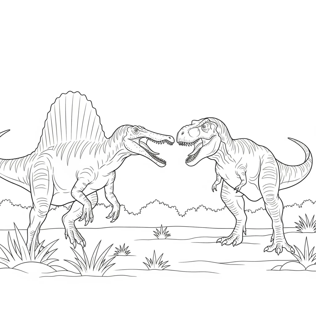 Spinosaurus Ausmalbild - Gratis Dino Malvorlage PDF drucken Spinosaurus ausmalbild zeigt zwei Dinosaurier im Duell spinosaurus steht einem t-rex gegenüber als spannende spinosaurus malvorlage zum ausdrucken