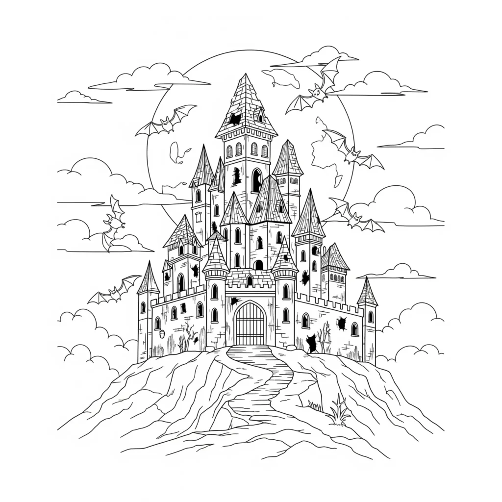Schloss malvorlage mit gespenstischem motiv auf einem huegel als pdf druckvorlage ideal für halloween und kinder