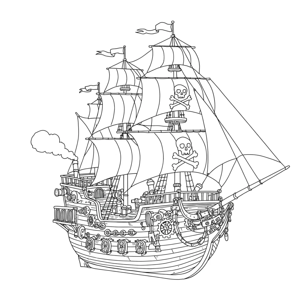 16 Piratenschiff Ausmalbilder (Gratis Malvorlage Ausdrucken) Steampunk Piratenschiff Ausmalbild mit Zahnrädern und mechanischen Details. Kostenlose PDF Vorlage zum Ausdrucken für Kinder.
