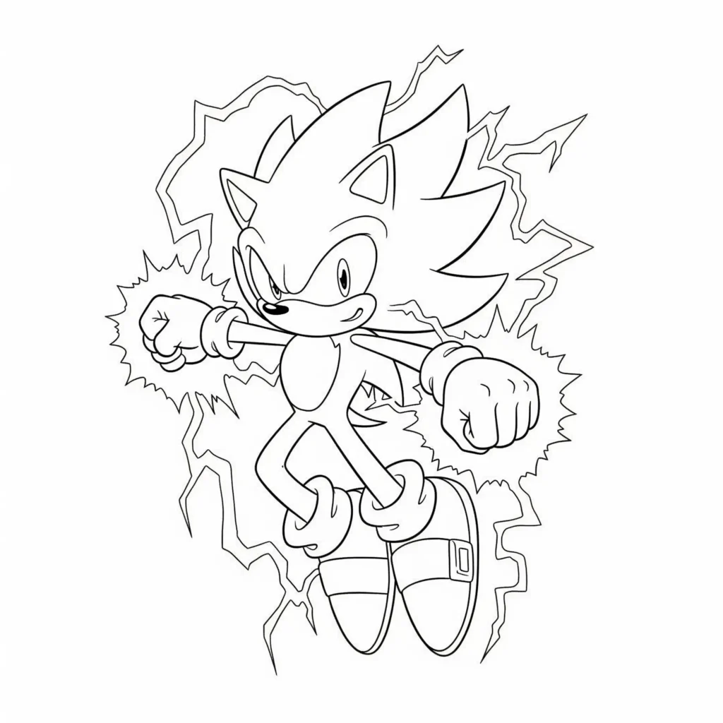 14 Super Sonic Ausmalbilder (Gratis Vorlagen zum Ausdrucken) Super Sonic Ausmalbild mit elektrischer Aura als PDF Vorlage zum Ausdrucken für Kinder