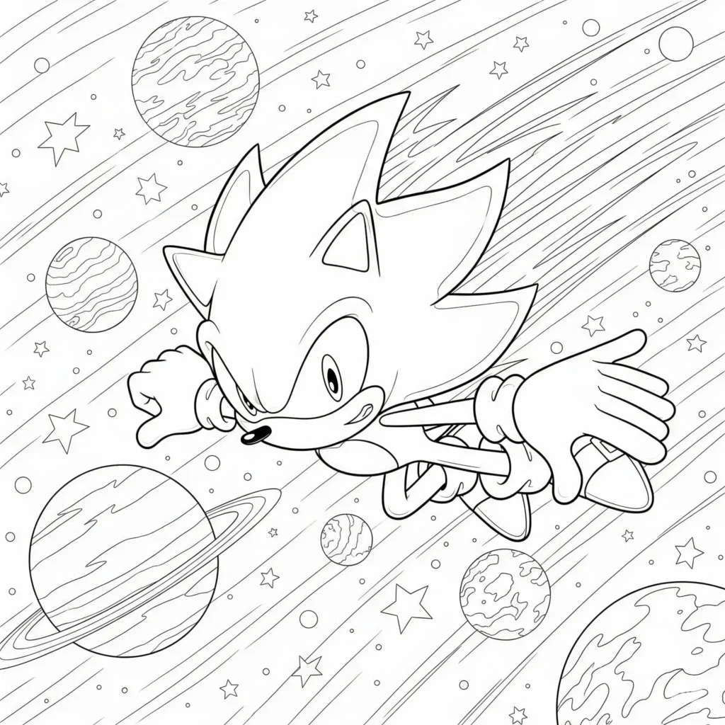 14 Super Sonic Ausmalbilder (Gratis Vorlagen zum Ausdrucken) Super Sonic Ausmalbild als PDF zum Ausdrucken zeigt Super Sonic im Weltraum