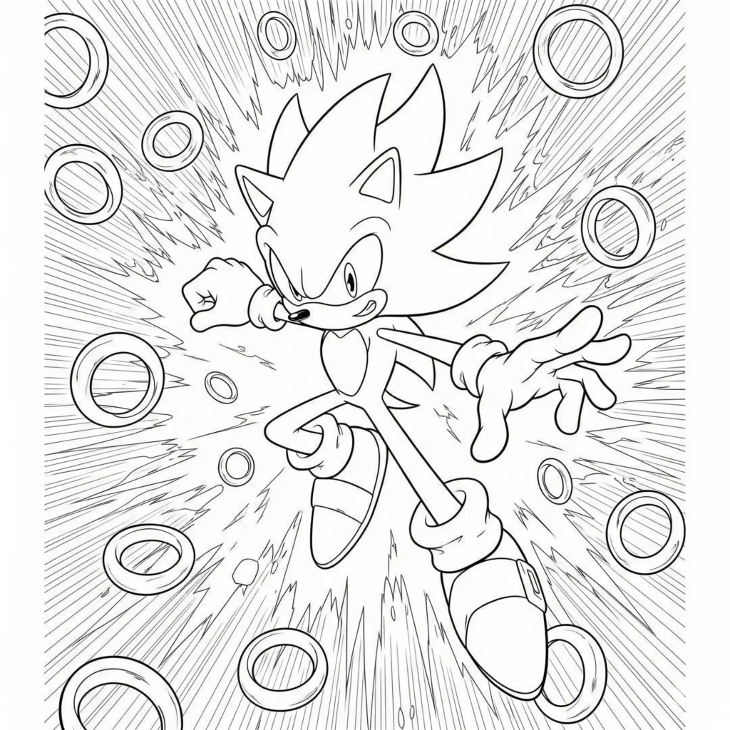 14 Super Sonic Ausmalbilder (Gratis Vorlagen zum Ausdrucken) Super Sonic Ausmalbild zum Ausdrucken mit vielen Ringen als PDF Vorlage für Kinder