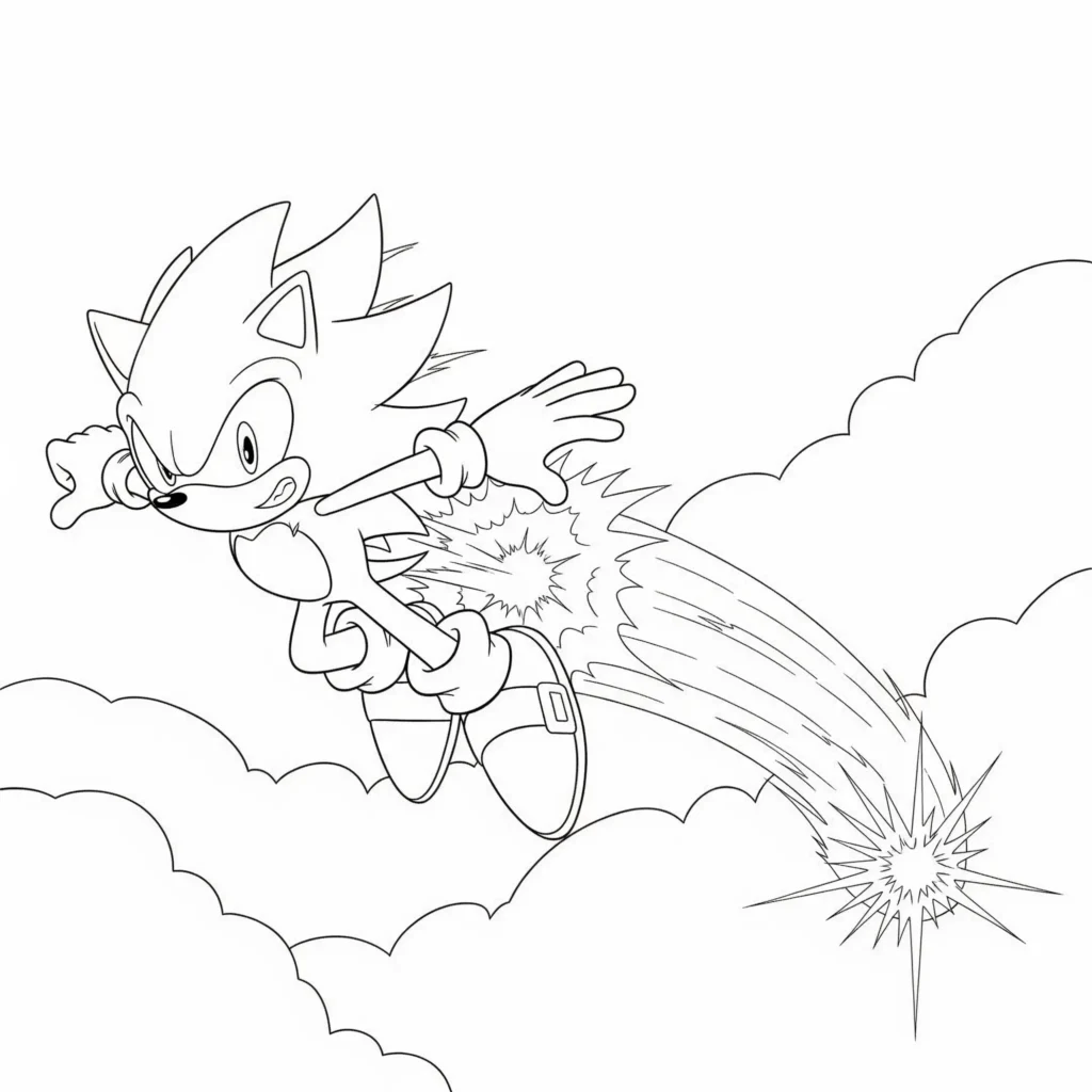 14 Super Sonic Ausmalbilder (Gratis Vorlagen zum Ausdrucken) Super Sonic Ausmalbild zum Ausdrucken als PDF zeigt Super Sonic beim Durchbrechen der Schallmauer