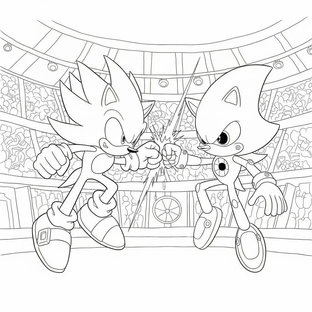 14 Super Sonic Ausmalbilder (Gratis Vorlagen zum Ausdrucken) Super Sonic Ausmalbild als PDF mit Kampf gegen Metal Sonic zum Ausdrucken für Kinder