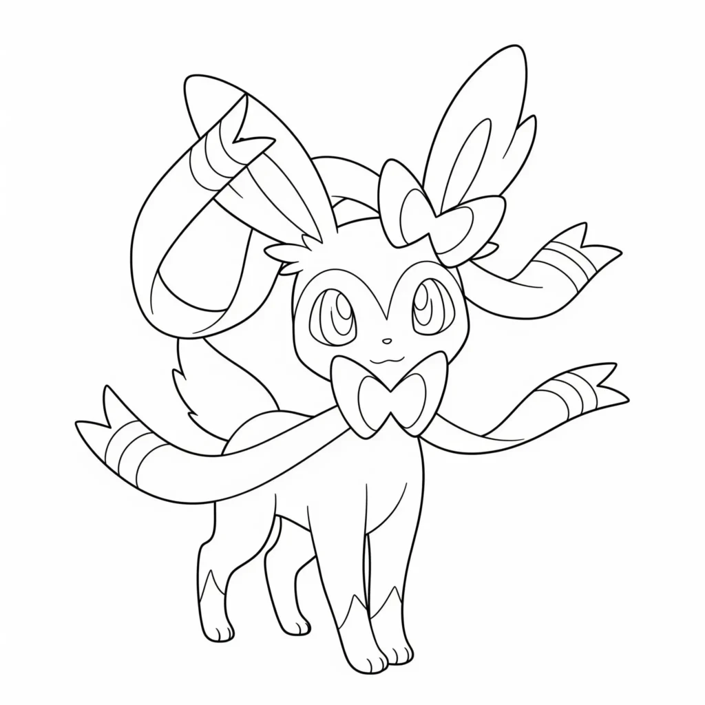 20 Evoli Ausmalbilder (Gratis Pokémon Malvorlage drucken) sylveon evoli ausmalbild zeigt das feenpokemon mit langen schleifen als verspielte malvorlage zum ausdrucken für kinder und fans