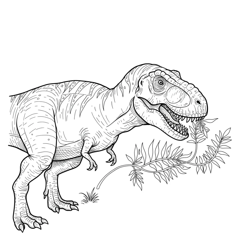 14 T-Rex Ausmalbilder (Gratis Dino Malvorlage zum Ausdrucken) Ausmalbild eines T-Rex, der Blätter frisst, ideal für Kinder, die Dinosaurier und Pflanzen lieben.